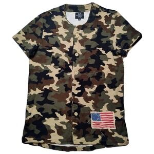 JAY WALKER Men Medium‎ Camo USA JAPAN FLAG Embellished Button Up Jersey